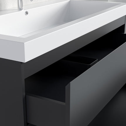 Meuble de salle de bain suspendu design avec vasque blanche - Noir mat - 100 cm - Avalon