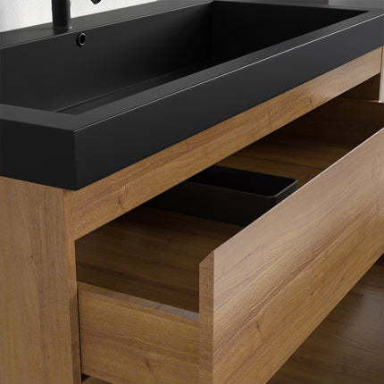 Ensemble meuble de salle de bain suspendu finition chêne chaud avec vasque noire - 100 cm - Avalon