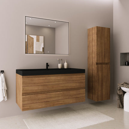 Ensemble meuble de salle de bain suspendu finition chêne chaud avec vasque noire - 100 cm - Avalon