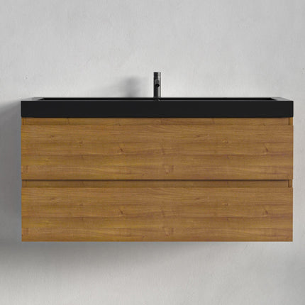 Ensemble meuble de salle de bain suspendu finition chêne chaud avec vasque noire - 100 cm - Avalon