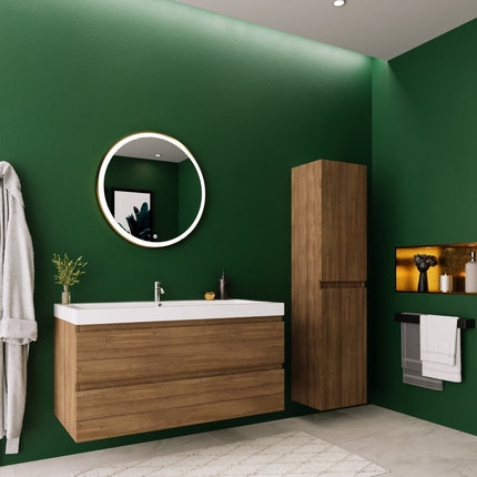 Meuble de salle de bain suspendu finition chêne chaud avec vasque blanche - 100 cm - Avalon