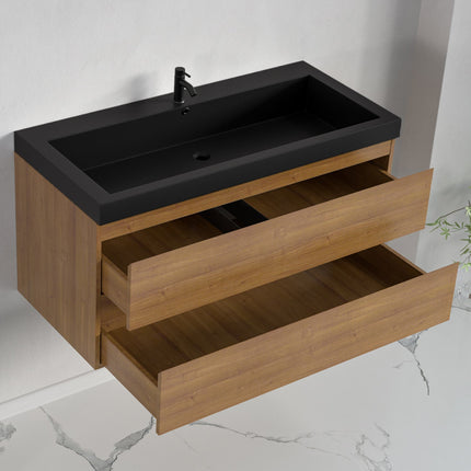 Ensemble meuble de salle de bain suspendu finition chêne chaud avec vasque noire - 100 cm - Avalon