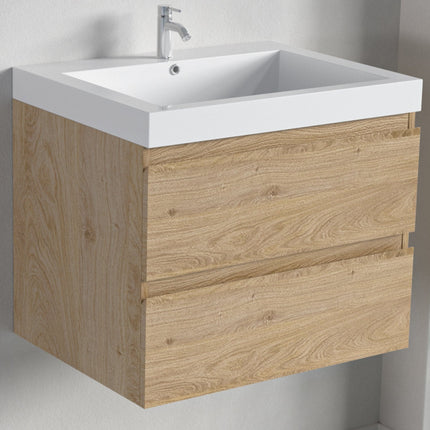 Ensemble meuble de salle de bain suspendu avec vasque blanche - Chêne clair - 60 cm - Avalon