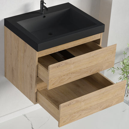 Meuble de salle de bain suspendu avec vasque noire - Chêne clair - 60 cm - Avalon