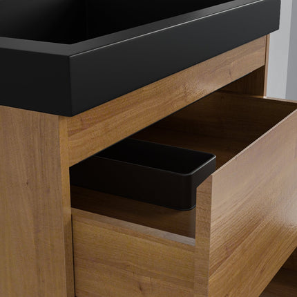 Ensemble meuble de salle de bain suspendu avec vasque noire - Chêne chaud - 60 cm - Avalon