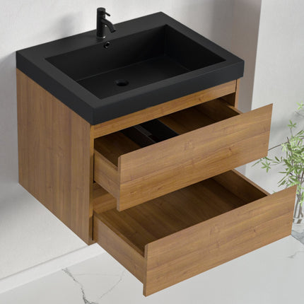 Ensemble meuble de salle de bain suspendu avec vasque noire - Chêne chaud - 60 cm - Avalon