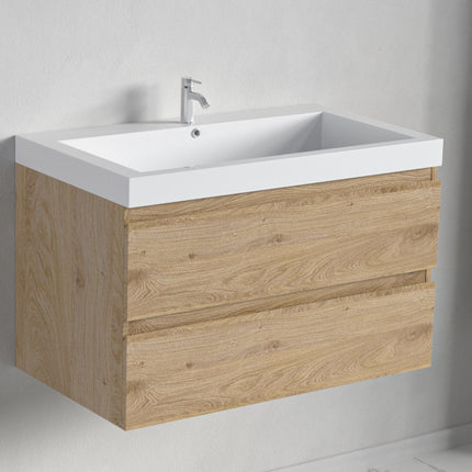 Ensemble meuble de salle de bain suspendu avec vasque blanche - Chêne clair - 80 cm - Avalon