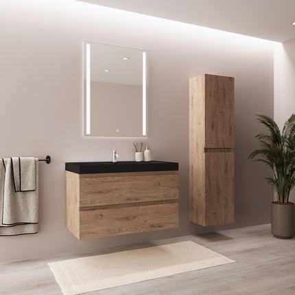 Ensemble meuble de salle de bain suspendu avec vasque noire - Chêne clair - 80 cm - Avalon