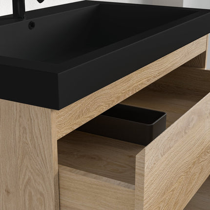 Ensemble meuble de salle de bain suspendu avec vasque noire - Chêne clair - 80 cm - Avalon