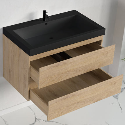 Ensemble meuble de salle de bain suspendu avec vasque noire - Chêne clair - 80 cm - Avalon