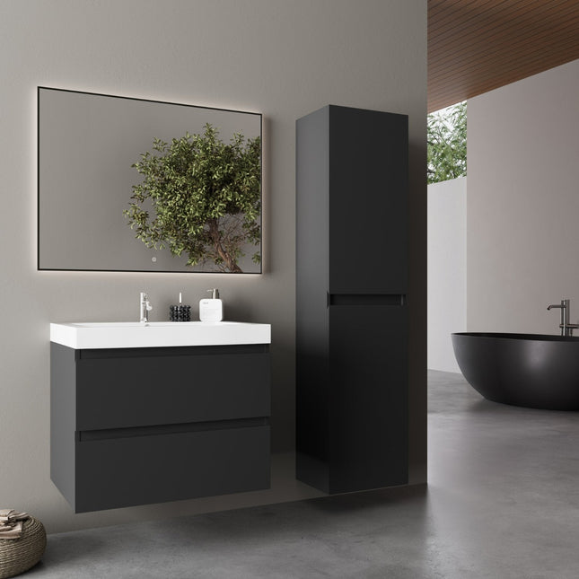 Meuble de salle de bain suspendu design mat noir avec vasque blanche - 80 cm - Avalon