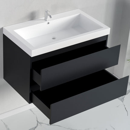 Meuble de salle de bain suspendu design mat noir avec vasque blanche - 80 cm - Avalon