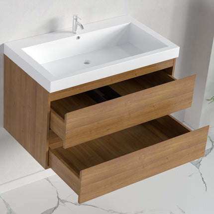 Meuble de salle de bain suspendu avec vasque blanche - Chêne chaud - 80 cm - Avalon