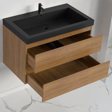 Meuble de salle de bain suspendu avec vasque noire - Chêne chaud - 80 cm - Avalon