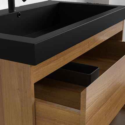 Meuble de salle de bain suspendu avec vasque noire - Chêne chaud - 80 cm - Avalon