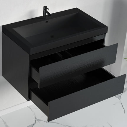 Meuble de salle de bain suspendu design contemporain avec vasque intégrée - Chêne noir et noir - 80 cm - Avalon