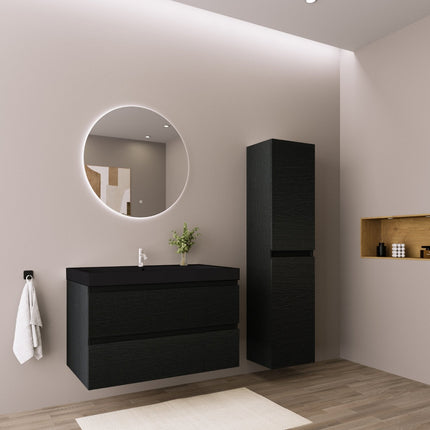 Meuble de salle de bain suspendu design contemporain avec vasque intégrée - Chêne noir et noir - 80 cm - Avalon