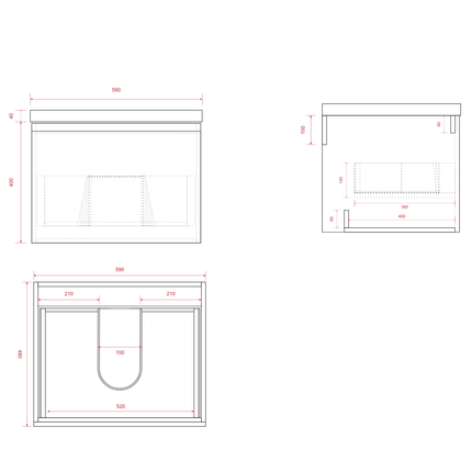 Ensemble meuble de salle de bain suspendu finition greige avec vasque blanche - 60 cm - Sorrento