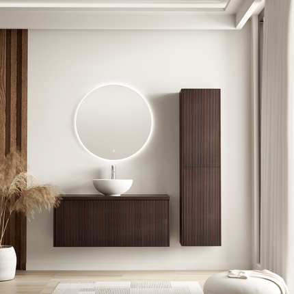 Ensemble meuble de salle de bain suspendu cannelé avec vasque céramique - Noyer - 100 cm - Tropani