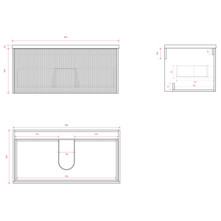 Ensemble meuble de salle de bain suspendu cannelé avec vasque céramique - Noyer - 100 cm - Tropani