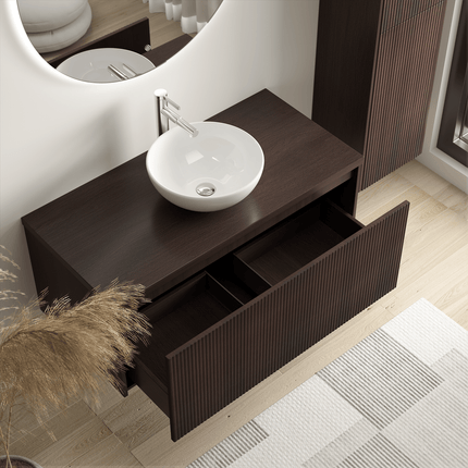 Ensemble meuble de salle de bain suspendu cannelé avec vasque céramique - Noyer - 100 cm - Tropani