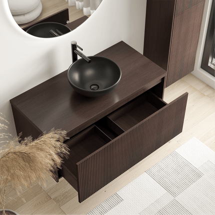 Meuble de salle de bain suspendu cannelé avec vasque noire - Noyer - 100 cm - Tropani