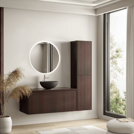 Meuble de salle de bain suspendu cannelé avec vasque noire - Noyer - 100 cm - Tropani