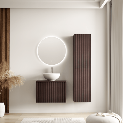 Ensemble meuble de salle de bain suspendu cannelé avec vasque céramique blanche - Noyer - 60 cm - Tropani