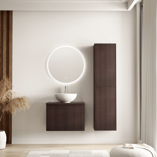 Ensemble meuble de salle de bain suspendu cannelé avec vasque céramique blanche - Noyer - 60 cm - Tropani