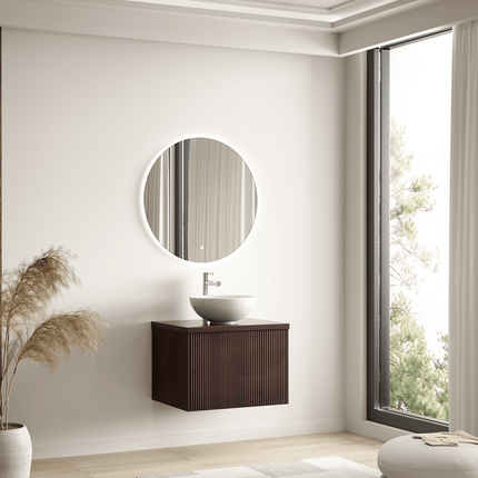 Ensemble meuble de salle de bain suspendu cannelé avec vasque céramique blanche - Noyer - 60 cm - Tropani