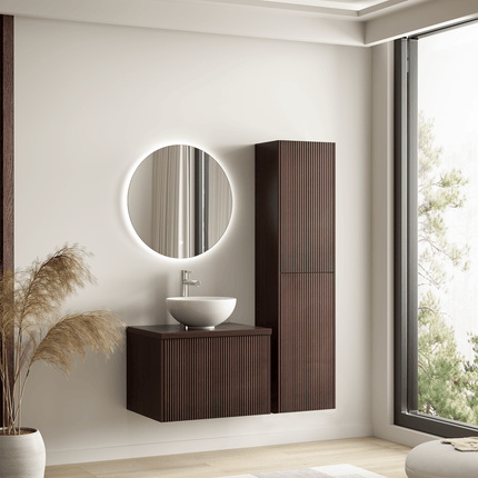 Ensemble meuble de salle de bain suspendu cannelé avec vasque céramique blanche - Noyer - 60 cm - Tropani