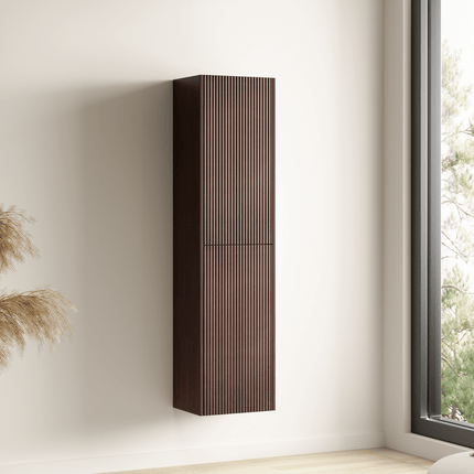 Ensemble meuble de salle de bain suspendu cannelé avec vasque céramique blanche - Noyer - 60 cm - Tropani