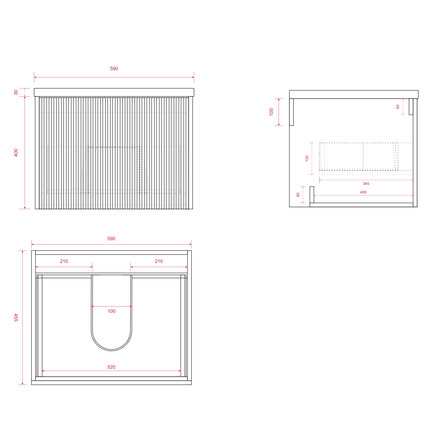 Meuble de salle de bain suspendu cannelé avec vasque céramique noire - Noyer - 60 cm - Tropani