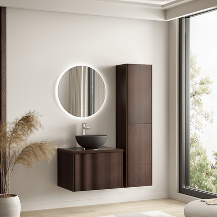 Meuble de salle de bain suspendu cannelé avec vasque céramique noire - Noyer - 60 cm - Tropani