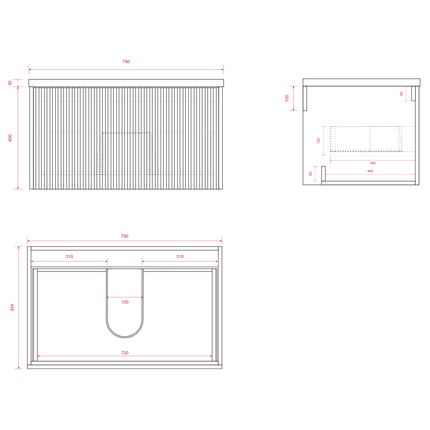 Meuble de salle de bain suspendu cannelé avec vasque en céramique - Noyer et blanc - 80 cm - Tropani