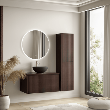 Ensemble meuble de salle de bain suspendu rainuré avec vasque noire - Noyer - 80 cm - Tropani