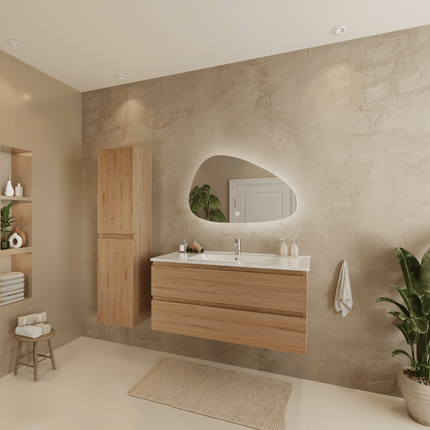Meuble de salle de bain suspendu avec vasque fine - Chêne clair et blanc - 100 cm - Verona