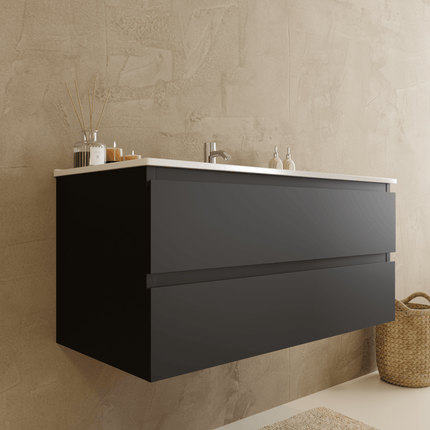 Meuble de salle de bain suspendu avec vasque en marbre minéral - Noir mat - 100 cm - Verona