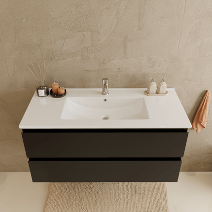 Meuble de salle de bain suspendu avec vasque en marbre minéral - Noir mat - 100 cm - Verona