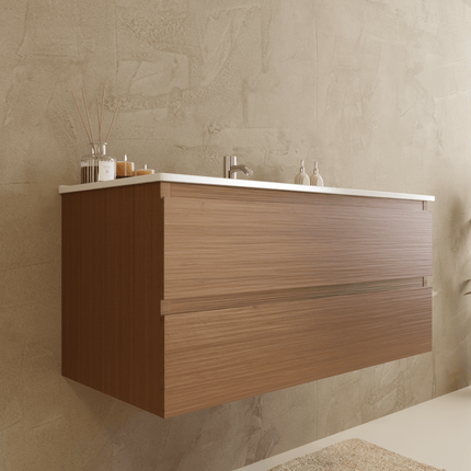 Ensemble meuble de salle de bain suspendu chêne chaud avec vasque blanche marbre minéral - 100 cm - Verona