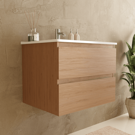 Ensemble meuble de salle de bain suspendu chêne clair avec vasque blanche marbre minéral - 60 cm - VERONA