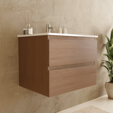 Meuble de salle de bain suspendu avec vasque fine en marbre minéral - Chêne chaud et blanc - 60 cm - Verona