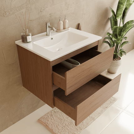 Meuble de salle de bain suspendu avec vasque fine en marbre minéral - Chêne chaud et blanc - 60 cm - Verona