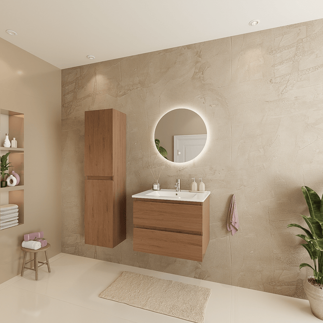 Meuble de salle de bain suspendu avec vasque fine en marbre minéral - Chêne chaud et blanc - 60 cm - Verona