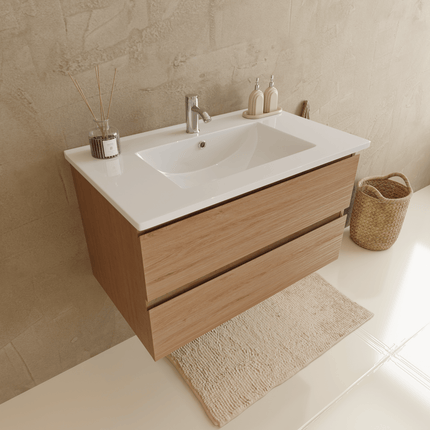 Ensemble meuble de salle de bain suspendu chêne clair avec vasque blanche - 80 cm - Verona