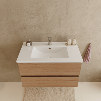 Ensemble meuble de salle de bain suspendu chêne clair avec vasque blanche - 80 cm - Verona