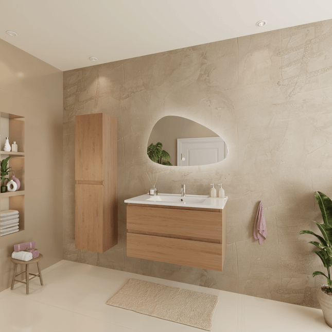 Ensemble meuble de salle de bain suspendu chêne clair avec vasque blanche - 80 cm - Verona