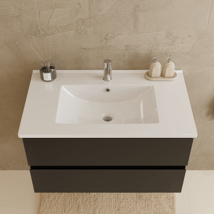Meuble de salle de bain suspendu design contemporain avec vasque blanche marbre minéral - Noir mat - 80 cm - Verona