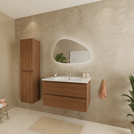 Ensemble meuble de salle de bain suspendu finition chêne chaud avec lavabo en marbre minéral blanc - 80 cm - Verona