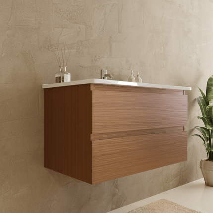 Ensemble meuble de salle de bain suspendu finition chêne chaud avec lavabo en marbre minéral blanc - 80 cm - Verona